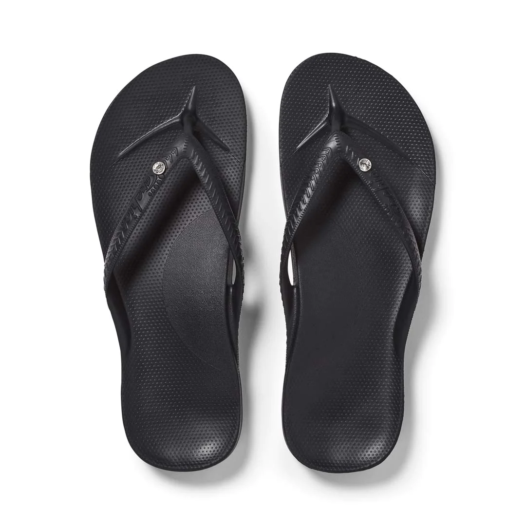 Archies arch support thongs in black crystal shown from above