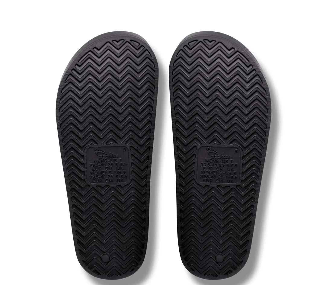 Archies Arch Support slides in black pictured upside down from the bottom
