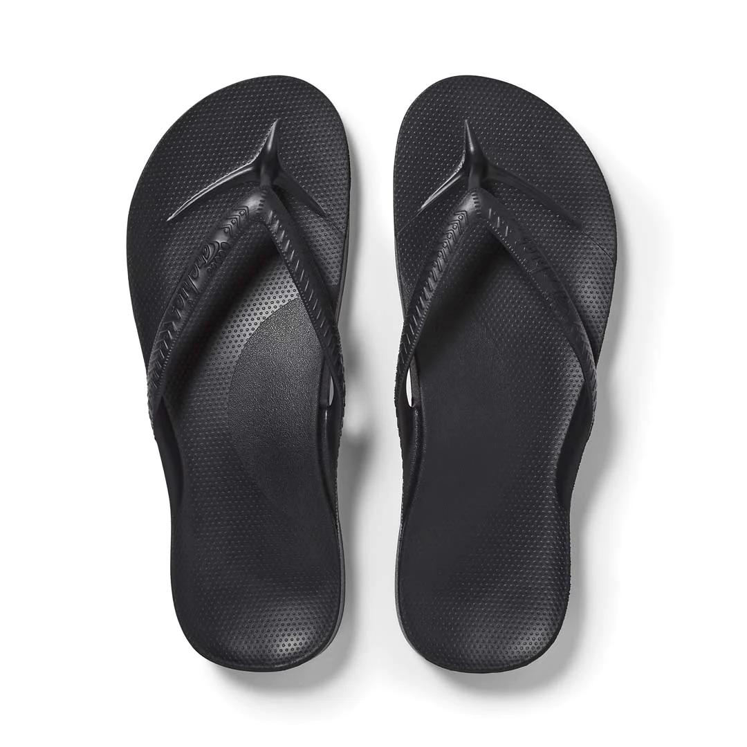 Archies arch support thongs in black shown from above