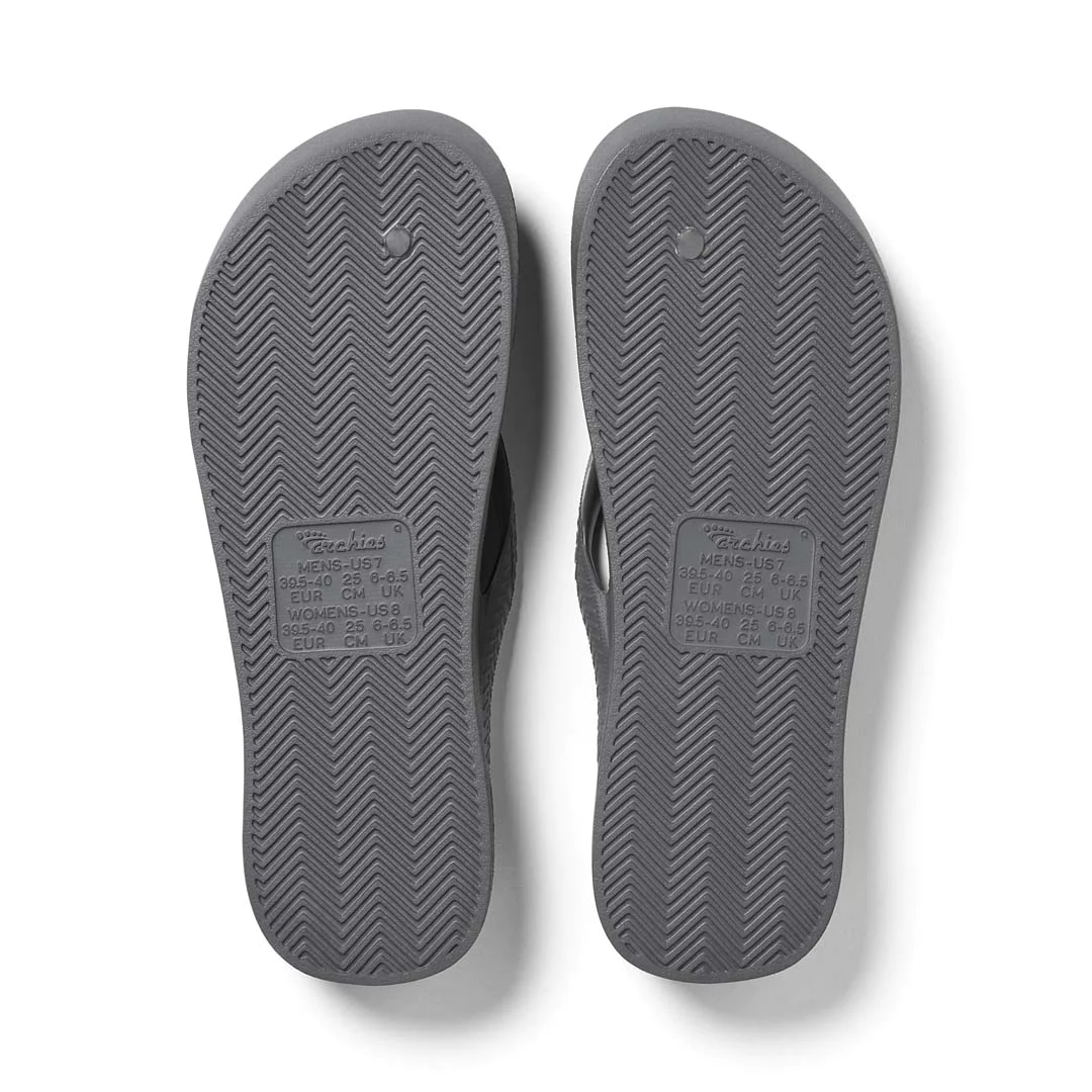 Archies Arch Support Thongs in charcoal pictured upside down from the bottom