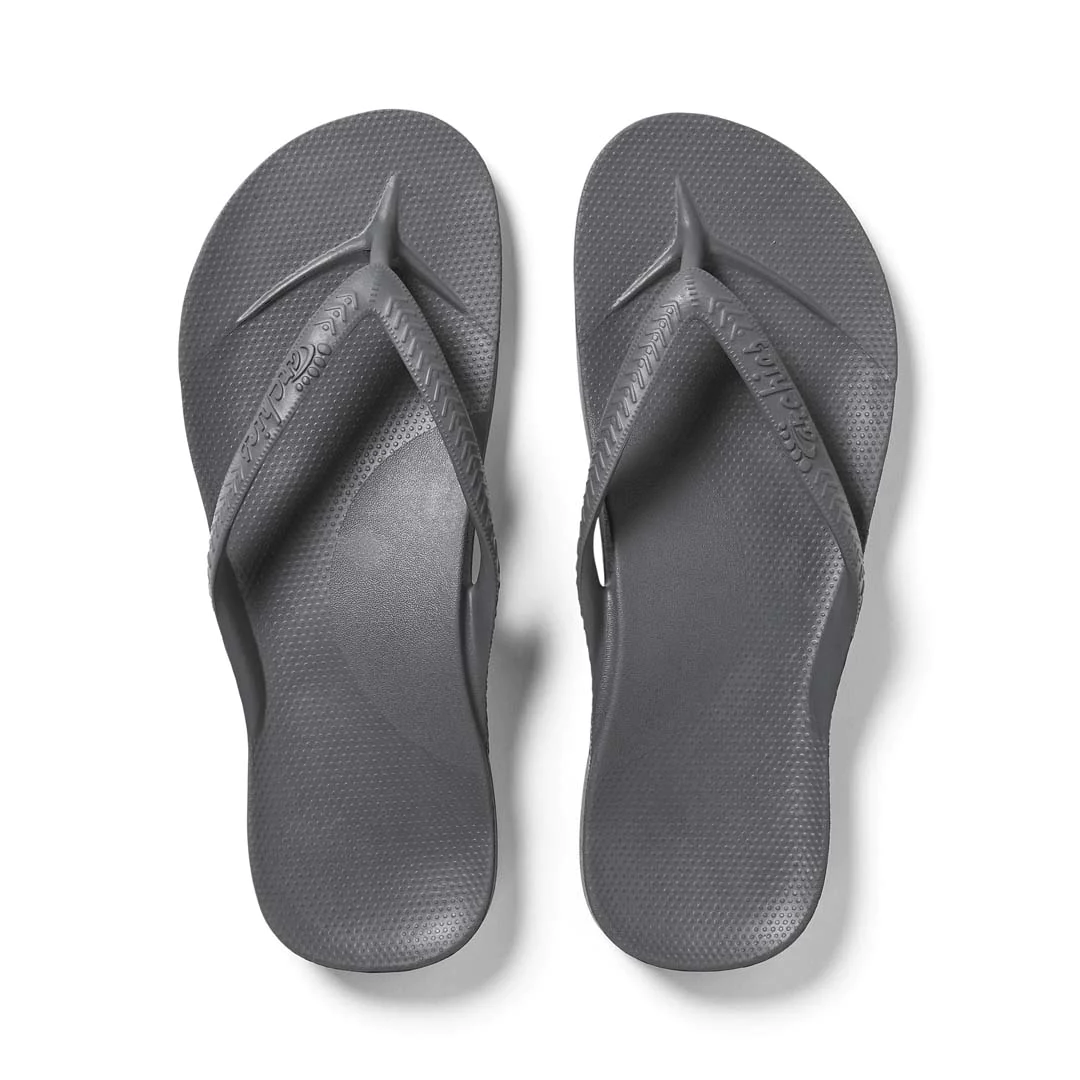 Archies arch support thongs in charcoal shown from above