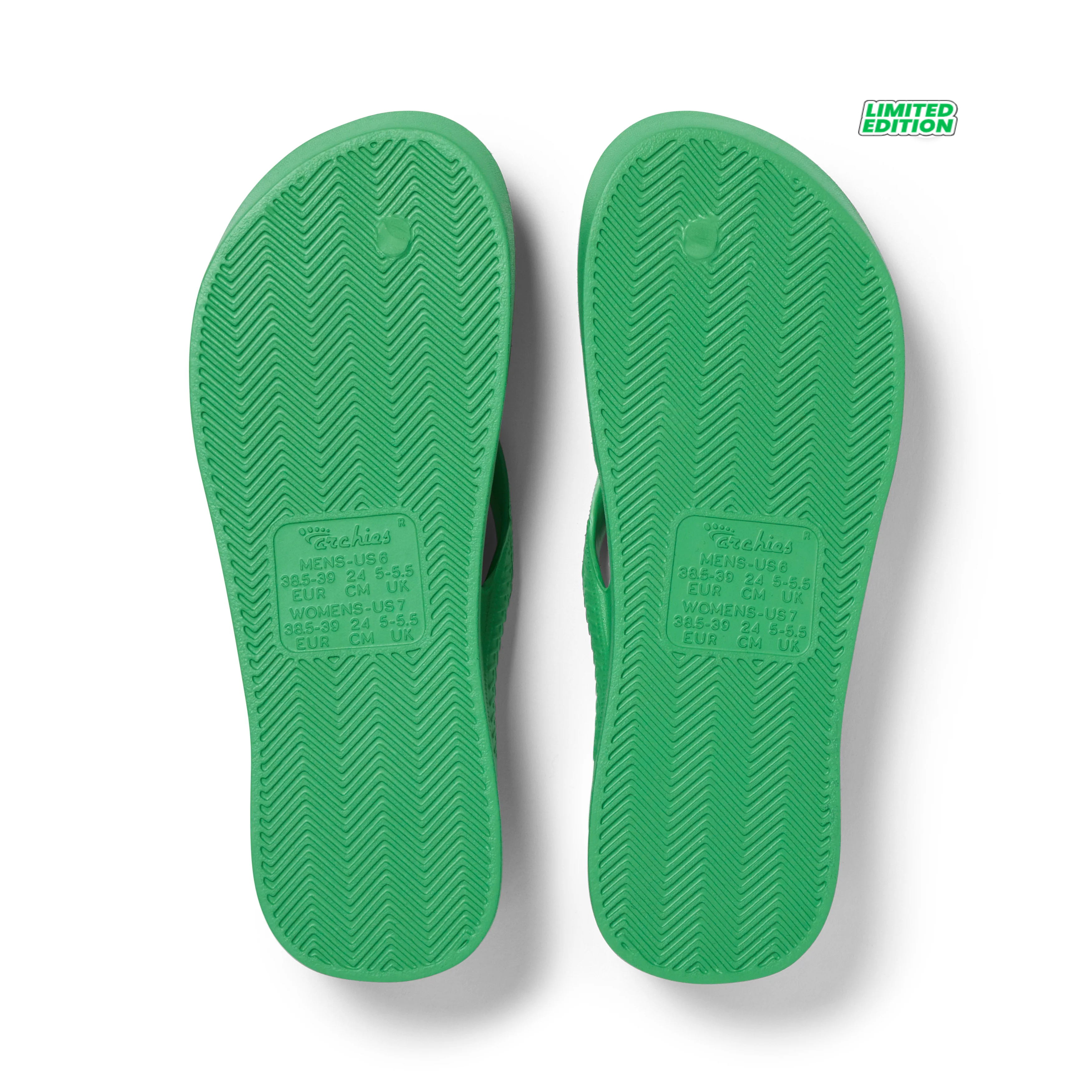 Archies Arch Support Thongs in kelly green pictured upside down from the bottom