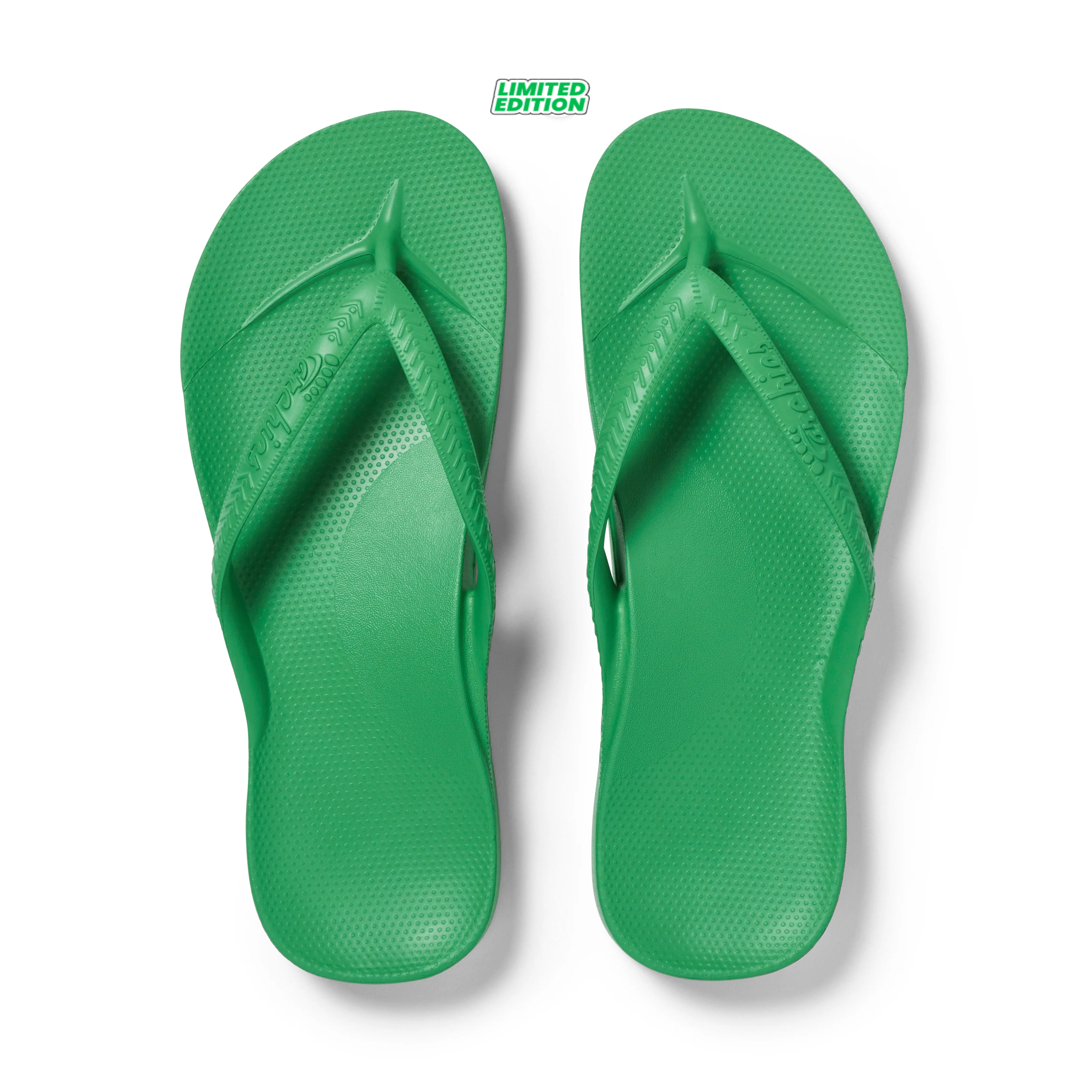 Archies arch support thongs in kelly green shown from above