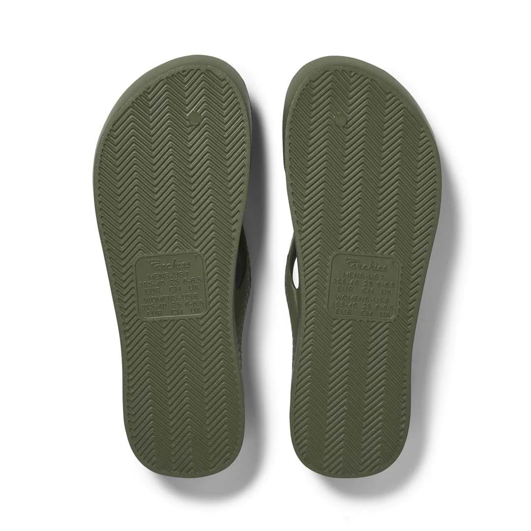 Archies Arch Support Thongs in khaki pictured upside down from the bottom