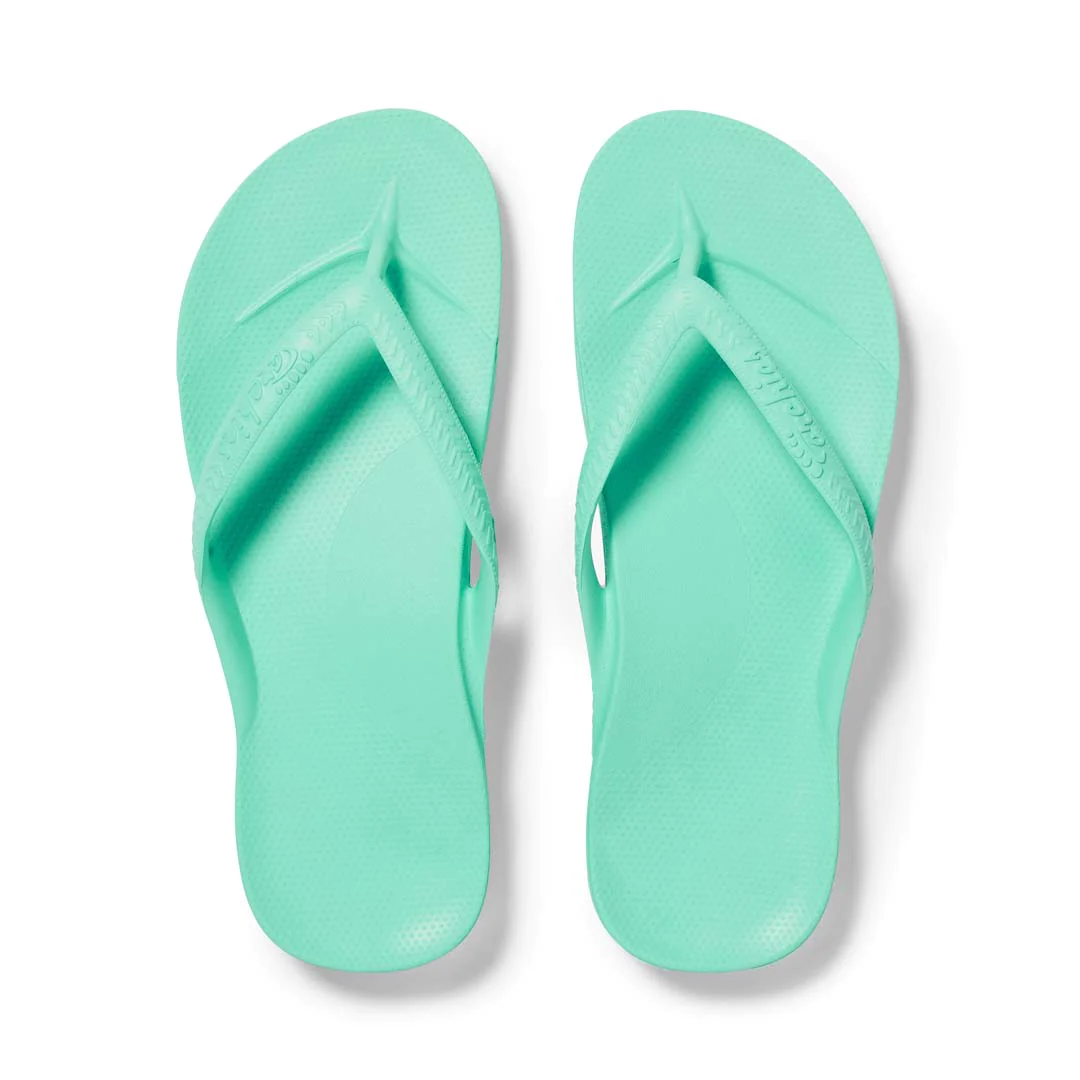 Archies arch support kids thongs in mint green shown from above