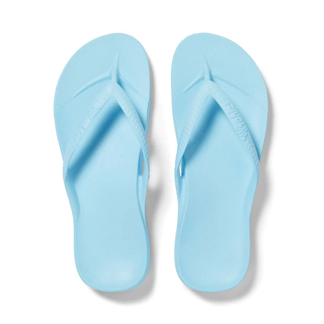 Archies arch support thongs in sky blue shown from above