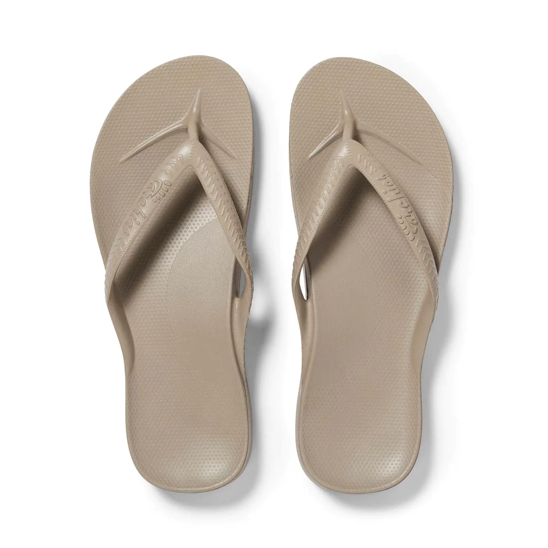 Archies arch support thongs in taupe shown from above